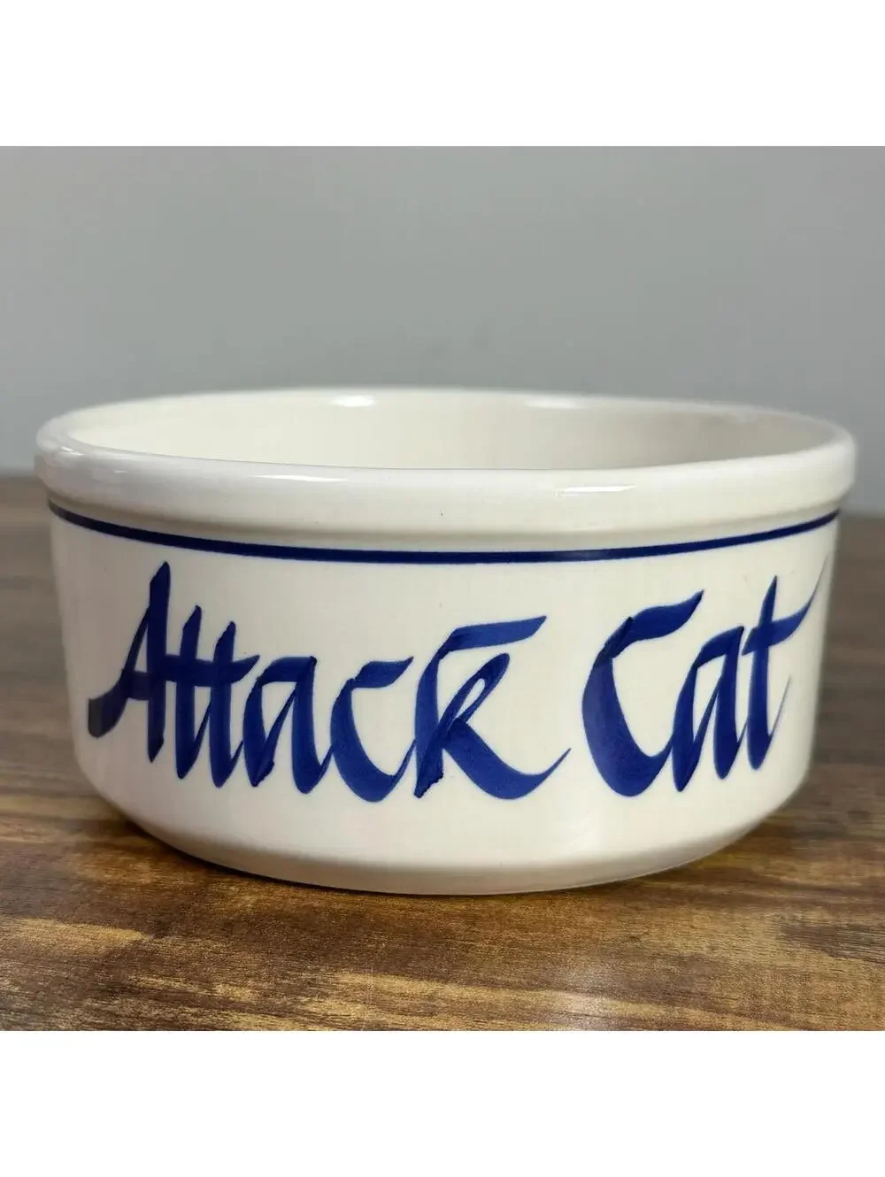 Vintage 90s Attack Cat Ceramic Pet Bowl White Blue Script Cat Lover Gift